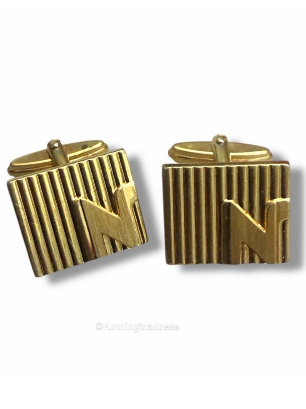 Vintage 1980s Nina Ricci Gold Ribbon Textured N Monogram Cufflinks Set Paris Men